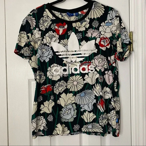 Adidas Trefoil Tee in Black/Multi Floral Print - Picture 5 of 9